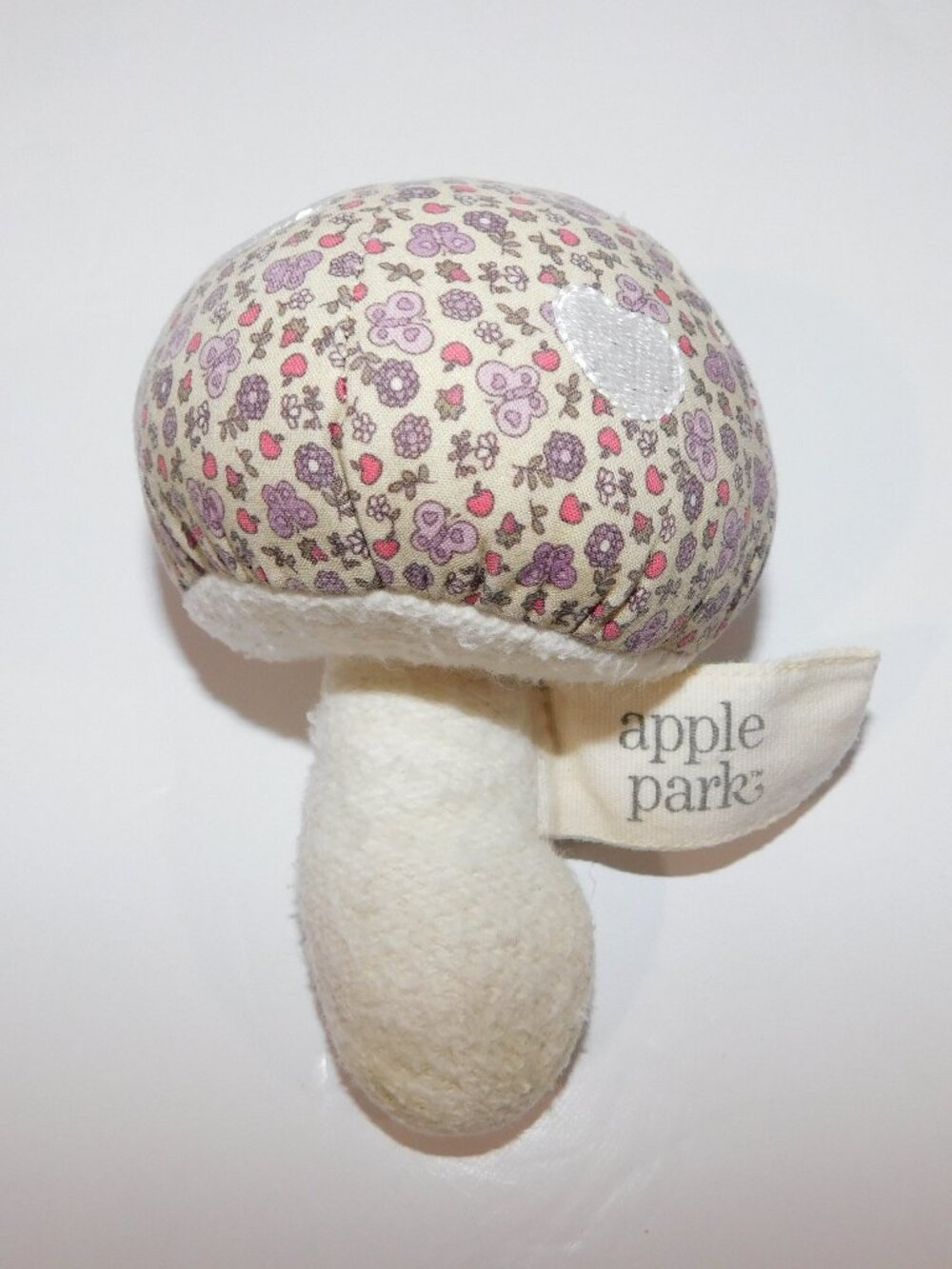 Apple Park Purple Garden Print Organic Cotton Mushroom Rattle Baby toy